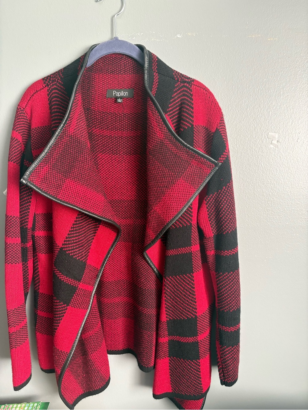 Papillon Red & Black Knit Draped Cardigan with Faux-Leather Trim